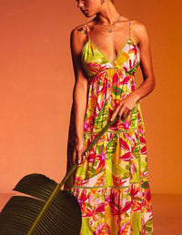 DRESS FORUM Lace Trim Tiered Maxi Dress in lime pink - women's dress - alternate view