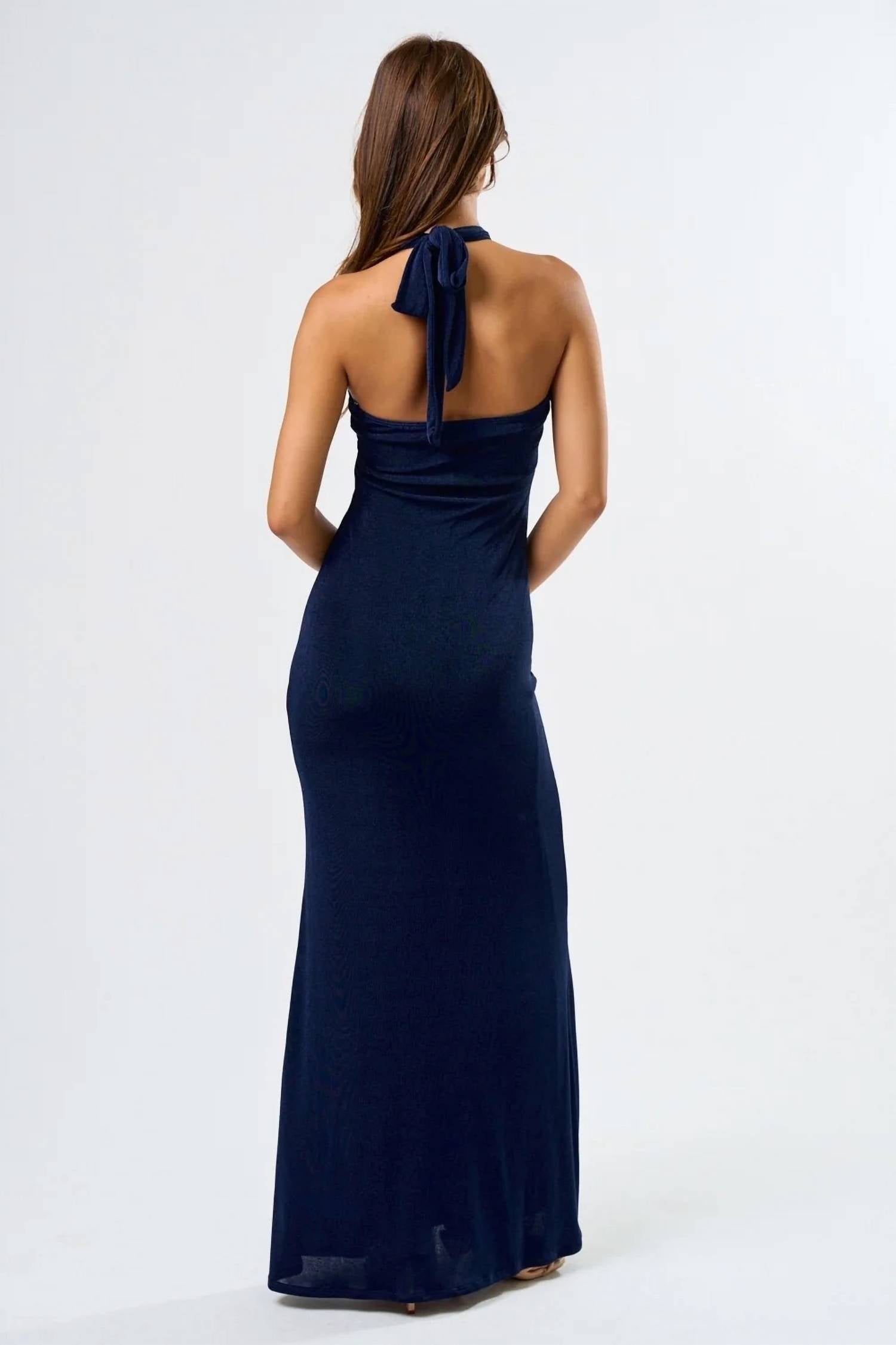 Blue Blush - Metal Trim Halter Maxi Dress