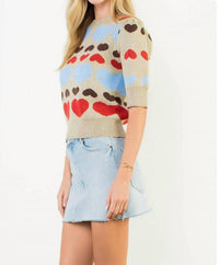 THML With All My Heart Short Sleeve Heart Knit Top in beige multi - women's sweater - view 6