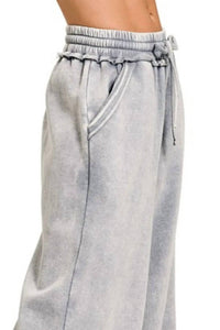 Zenana - Women's Acid Wash Fleece Palazzo Sweatpants With Pockets