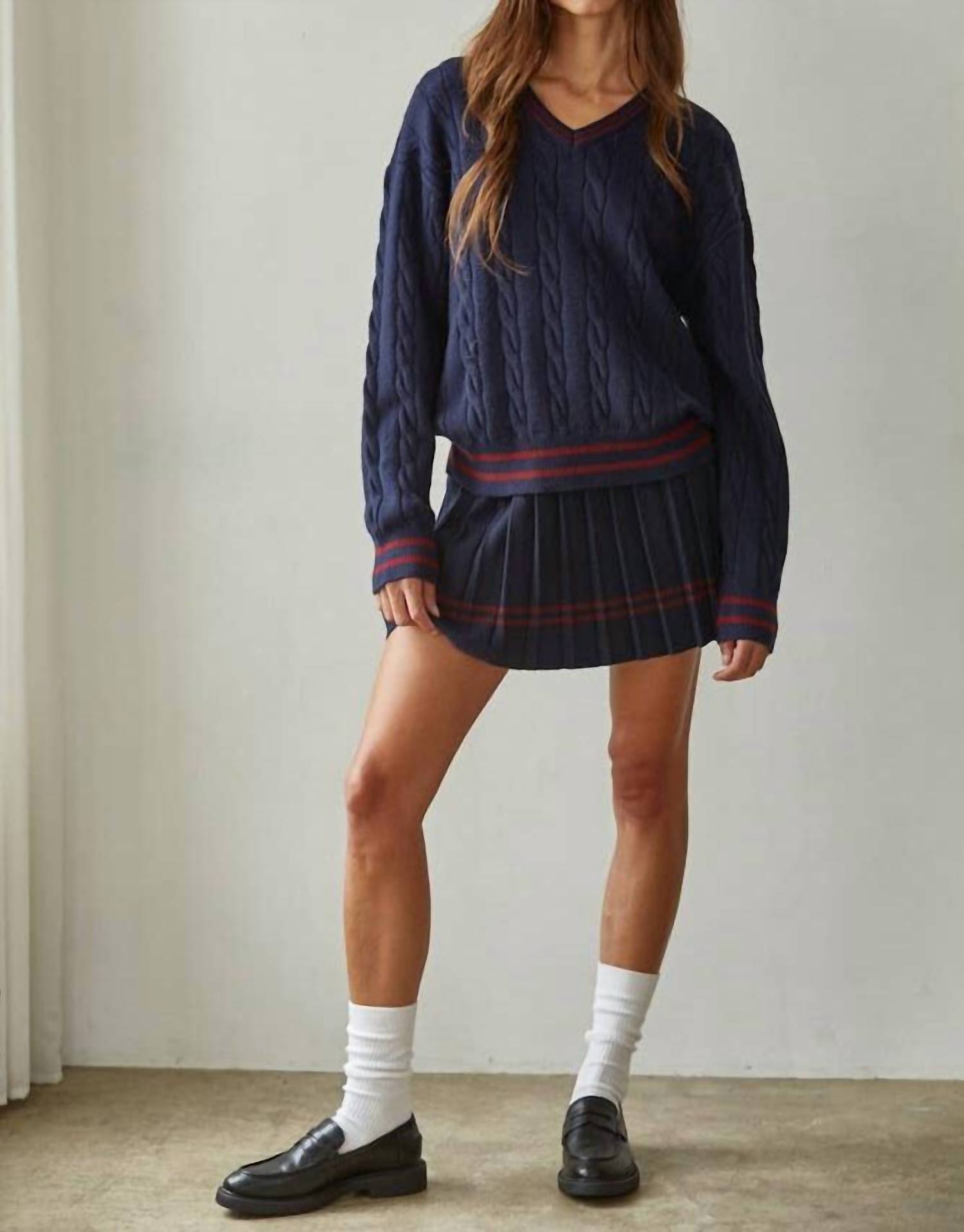 By Together - Knit Cable Sweater V-Neck Long Sleeve Pullover Top