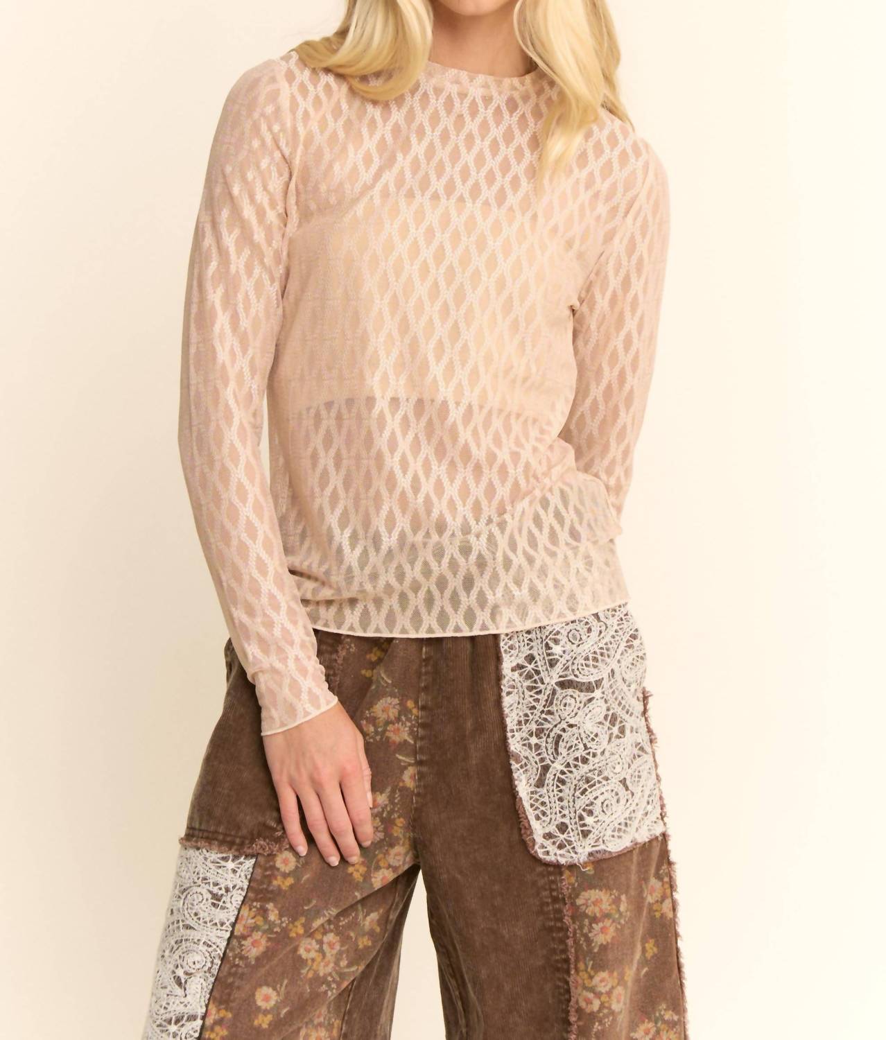 DAVI & DANI Metallic Mesh Long Sleeve Top in cream - women's long sleeve top