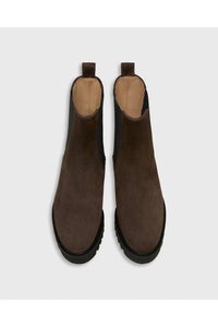 Ann Mashburn Women's Tall Lug Sole Chelsea Boot in chocolate suede - women's shoe - detail view