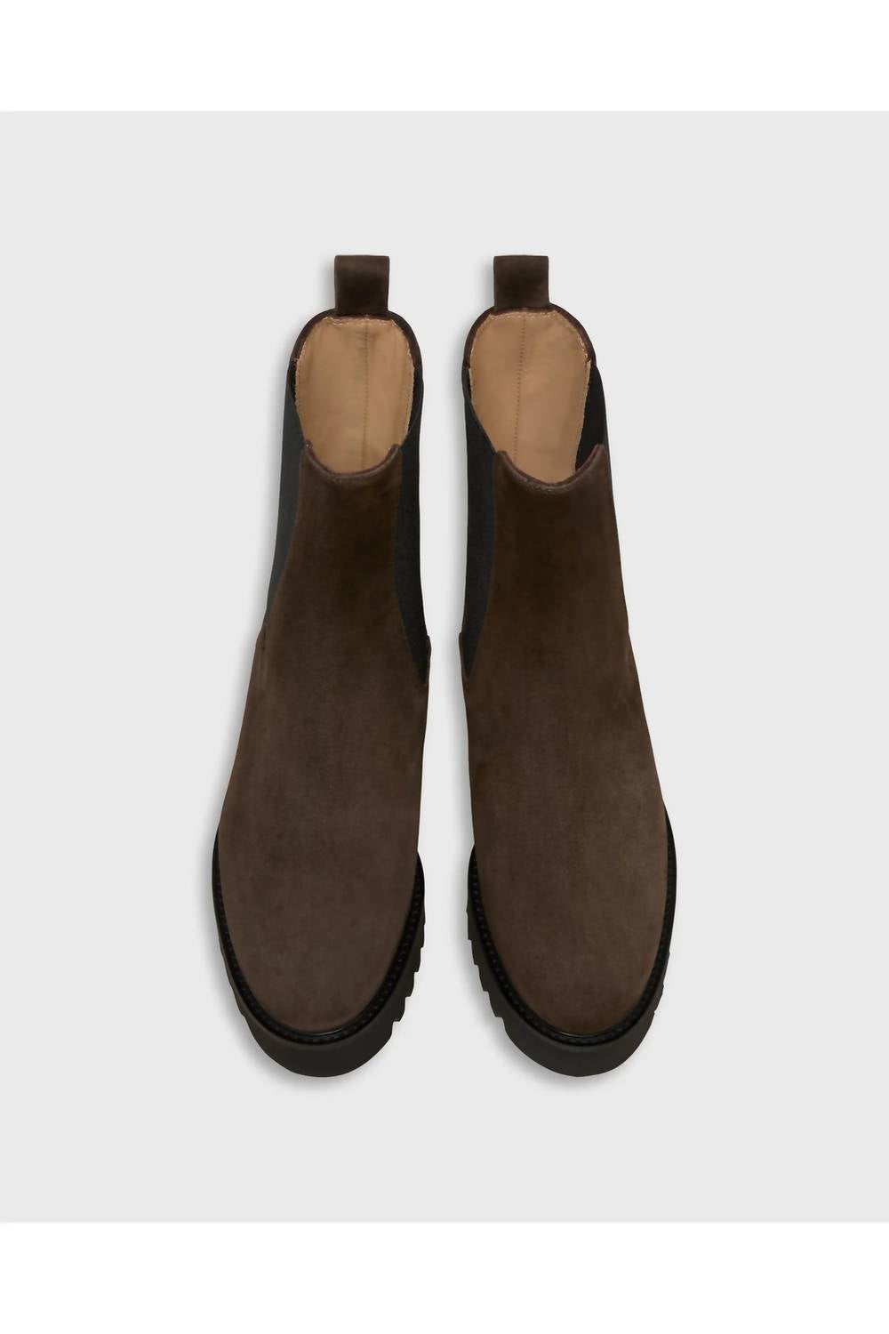 Ann Mashburn Women's Tall Lug Sole Chelsea Boot in chocolate suede - women's shoe - detail view