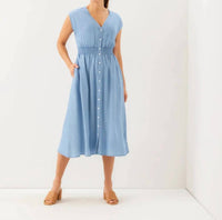Karen Kane - Cap Sleeve Smocked Waist Button-Up Midi Dress