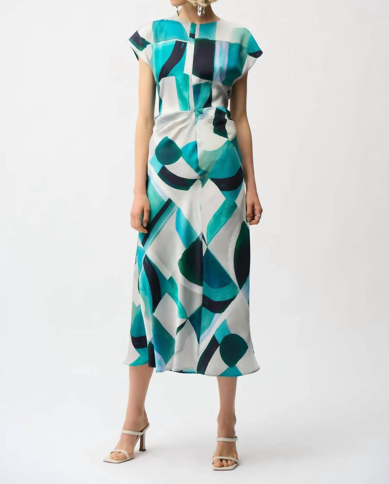 Joseph Ribkoff Textured Satin Geometric Dress in green multi - women's dress - alternate view