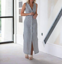 onia Button Down Maxi Dress in deep navy white - women's dress - detail view