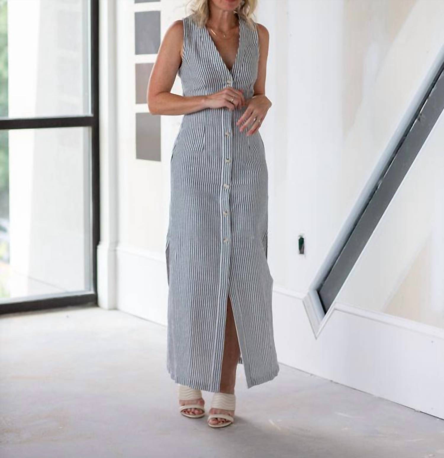 onia Button Down Maxi Dress in deep navy white - women's dress - detail view