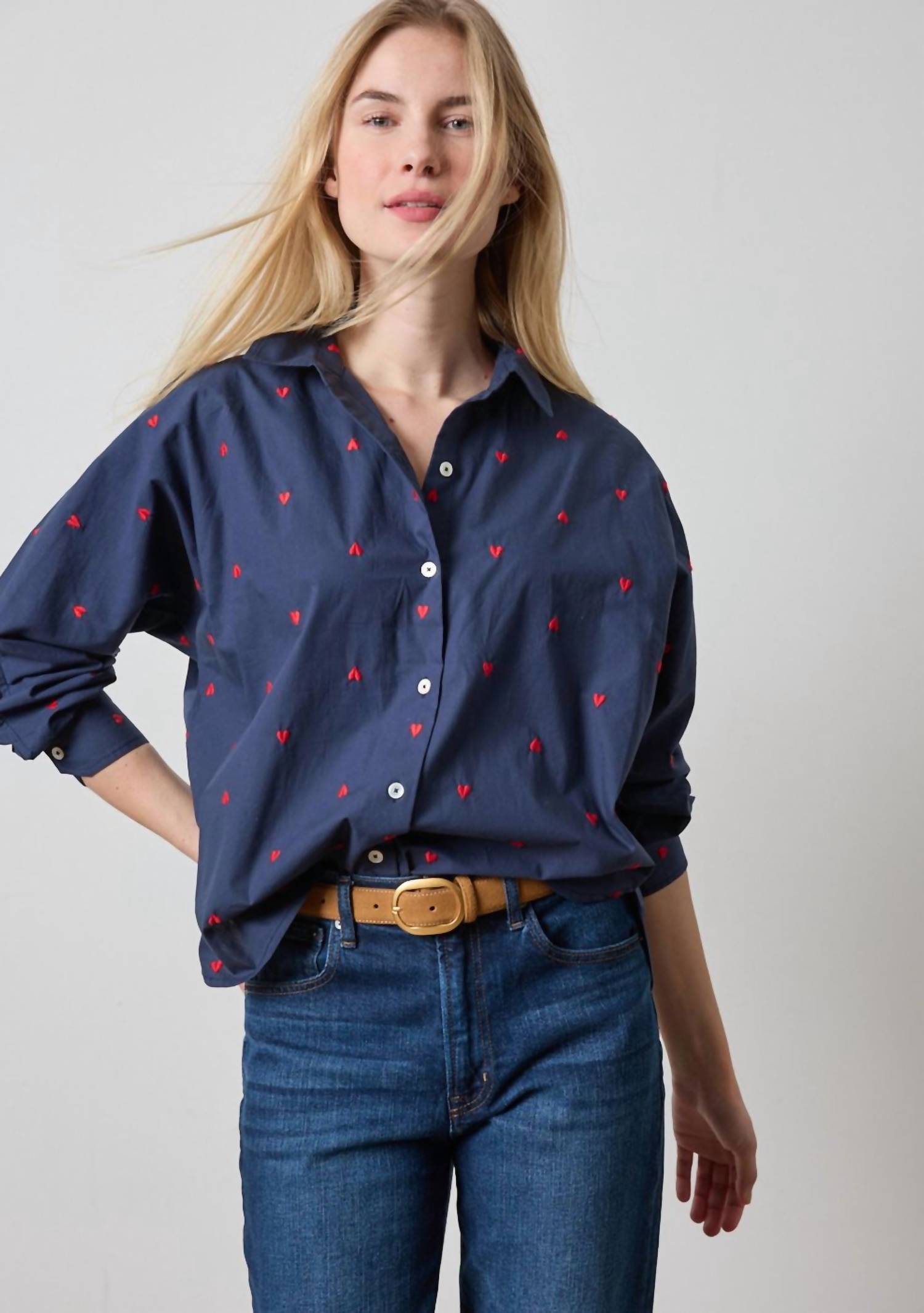 Lilla P - Embroidered Hearts Button Down Shirt