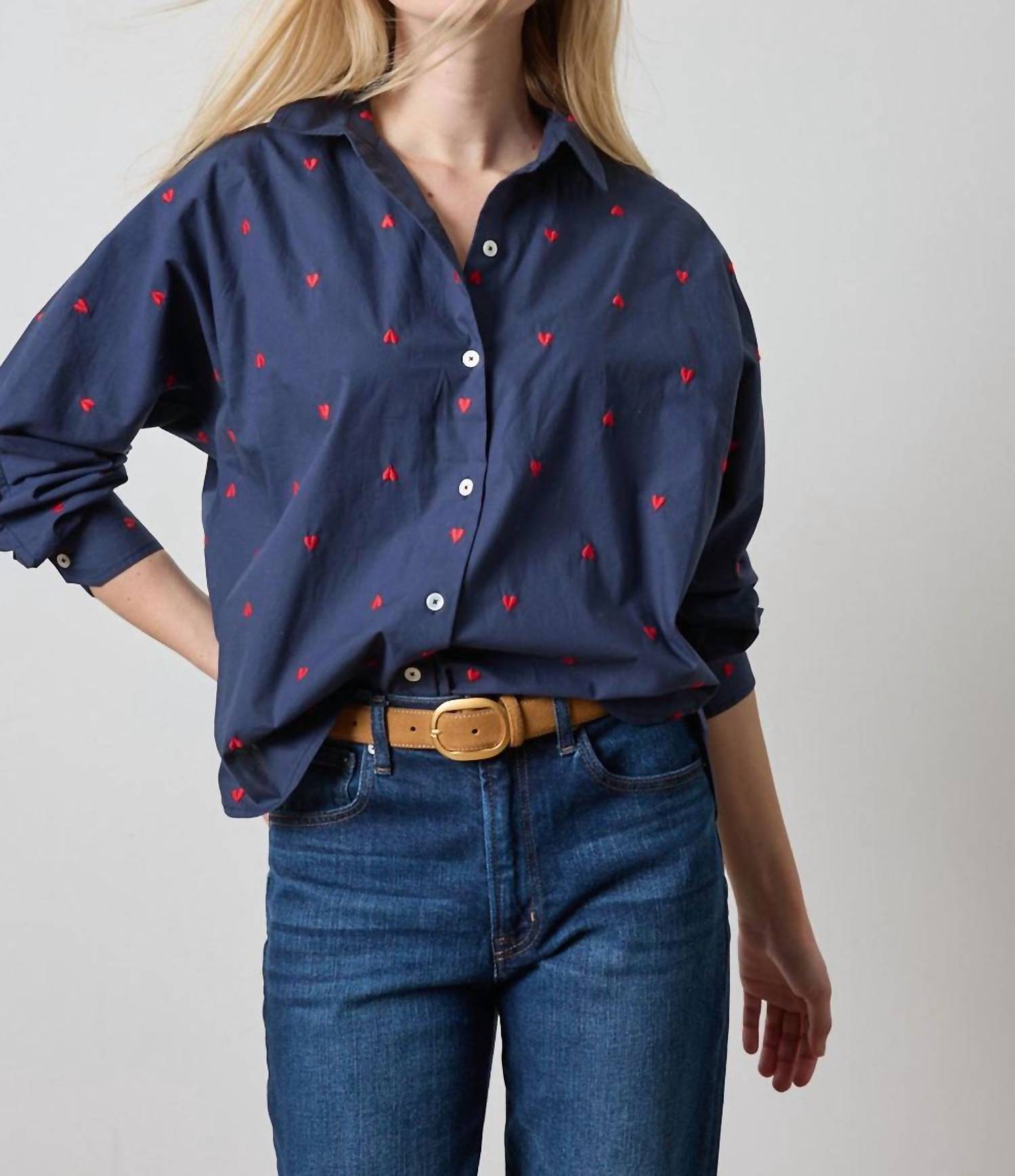 Lilla P - Embroidered Hearts Button Down Shirt