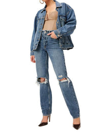 GOOD AMERICAN 90's High Rise Destroyed Straight Leg Jeans in blue - women's jeans