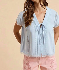 Anniewear - Linen Tie-Front Oversized Top With Lace Accent
