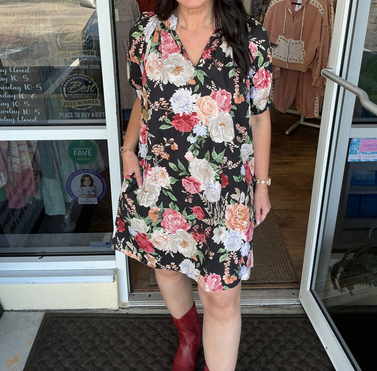 Entro - Vintage Floral Short Dress With Pleated Sleeve