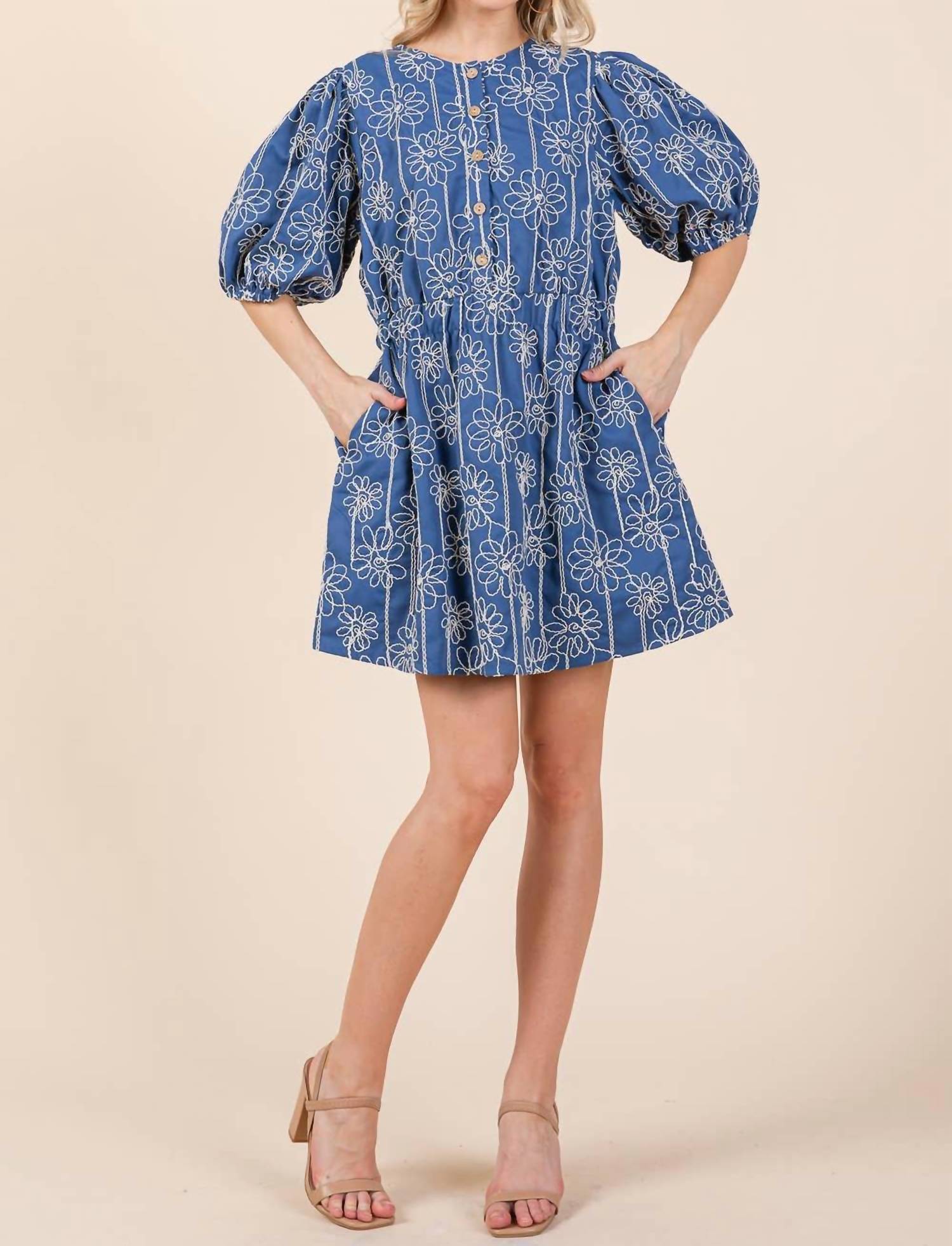 Geegee X Lovelo - Floral Embroidered Half Button-up Mini Dress