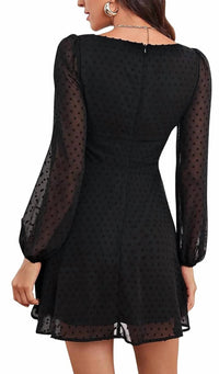 Lyaner - Swiss Dot Square Sheer Sleeve Dress
