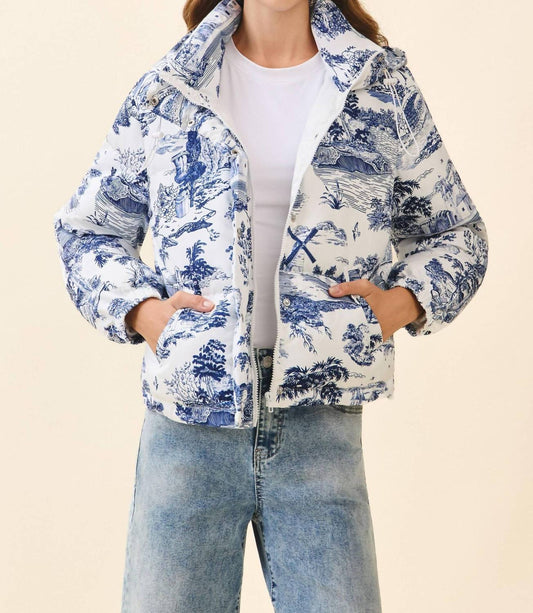 Tcec - Antique Print Zip Up Snap Button Puffer Jacket