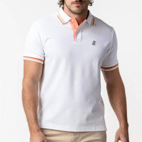 James Bark Striped Collar And French Bulldog Logo Polo in white peach - men's shirt