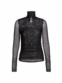 cinq a sept Heatset Shirred Mesh Turtleneck Top in black silver - women's sweater - view 5