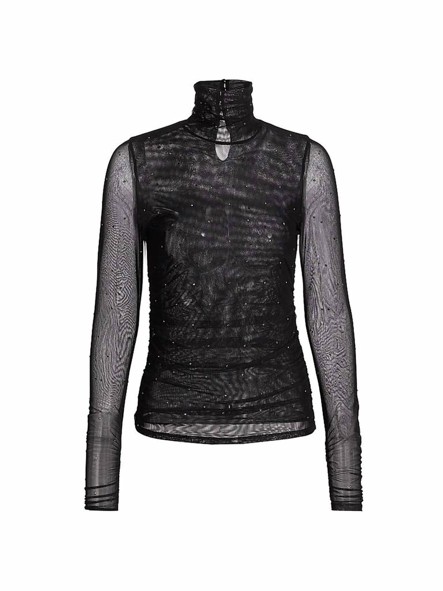 cinq a sept Heatset Shirred Mesh Turtleneck Top in black silver - women's sweater - view 5