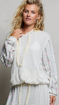 Pol - Kangaroo Pocket Mixed Knit Contrast Sleeve Hooded Pullover