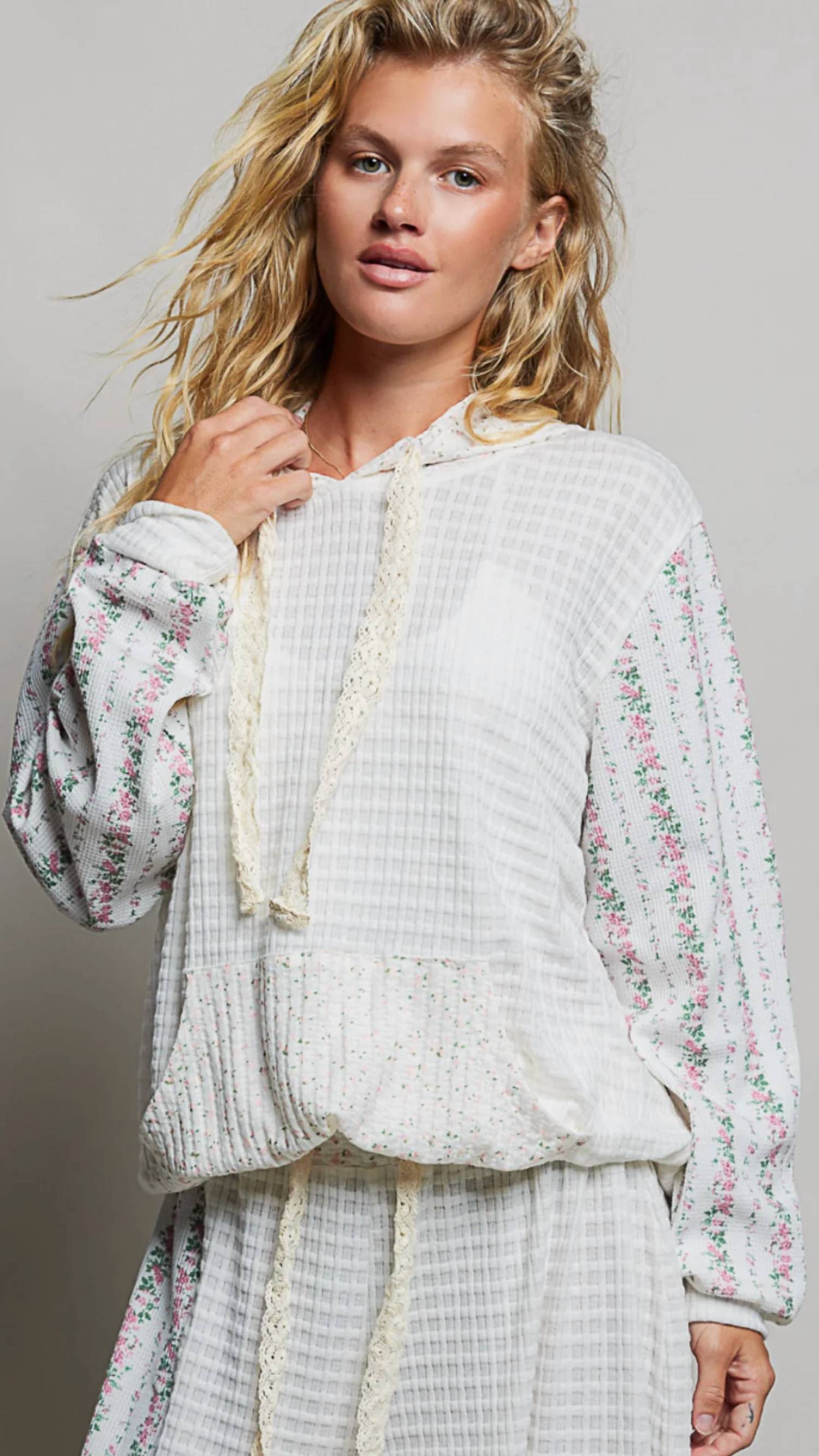 Pol - Kangaroo Pocket Mixed Knit Contrast Sleeve Hooded Pullover