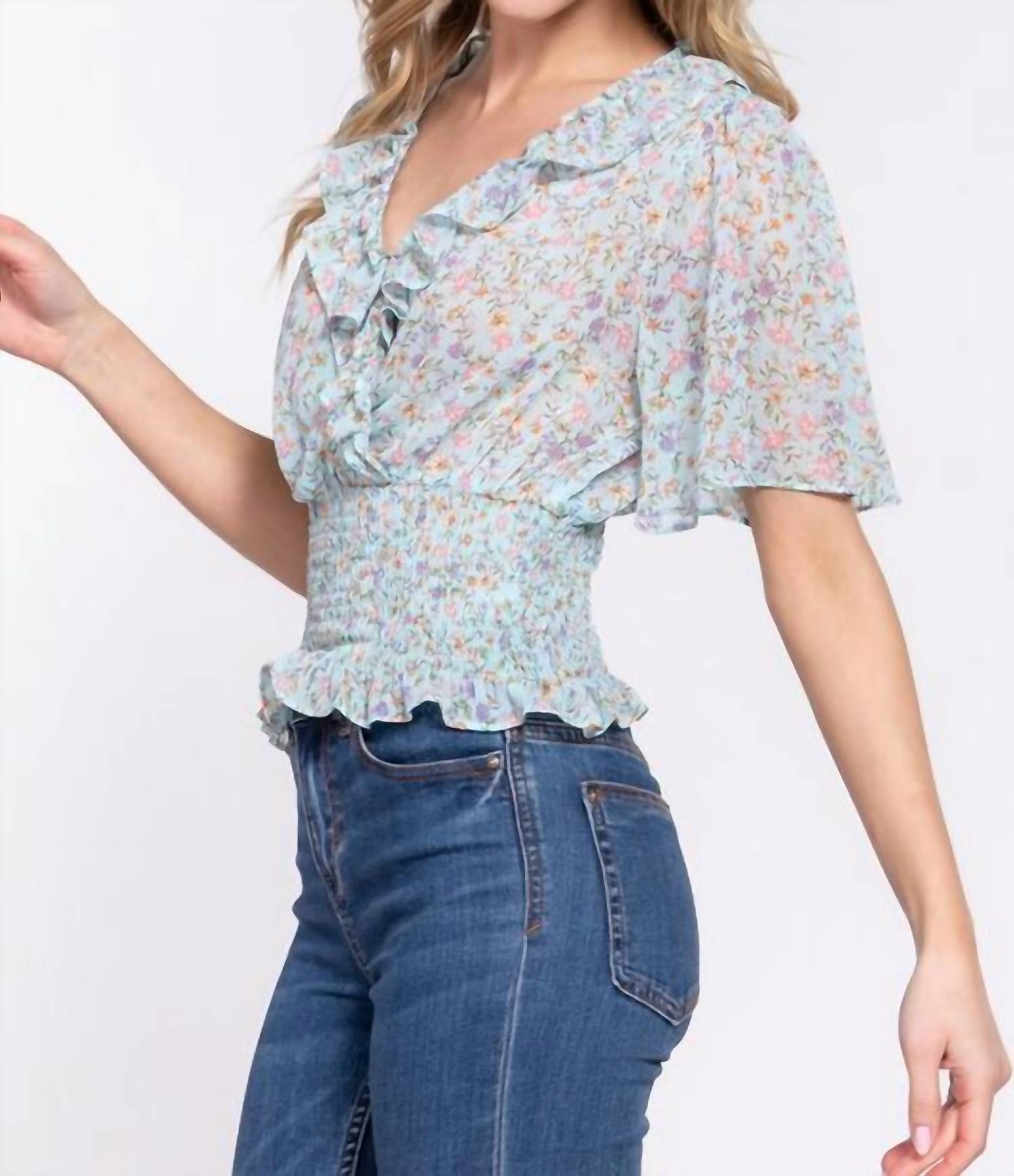 Active Basic Flutter Sleeve V-Neck with Ruffle Smocked Waist Chiffon Top in blue floral - women's blouse - alternate view
