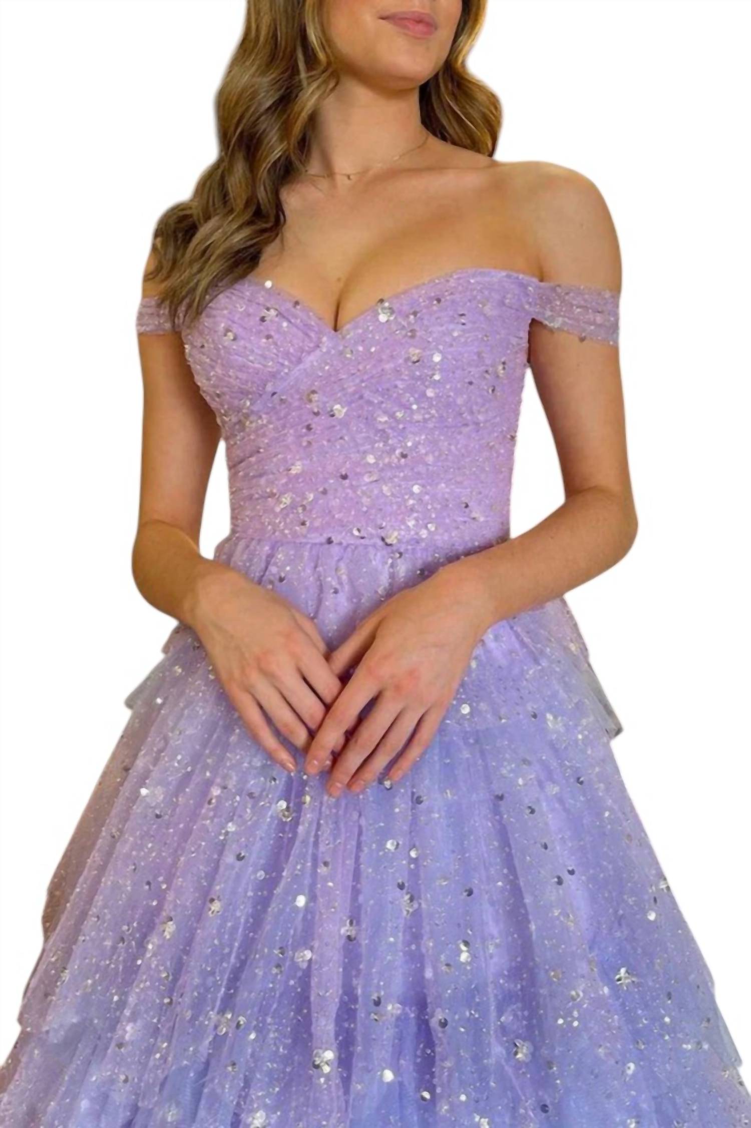 Nox Anabel - Glitter Sequins Tulle Tiered Prom Dress