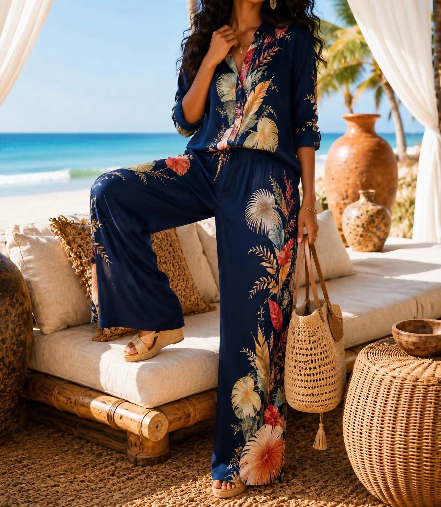 Little Secret Of Mine - Tropical Leaf Wide Leg Pant Set