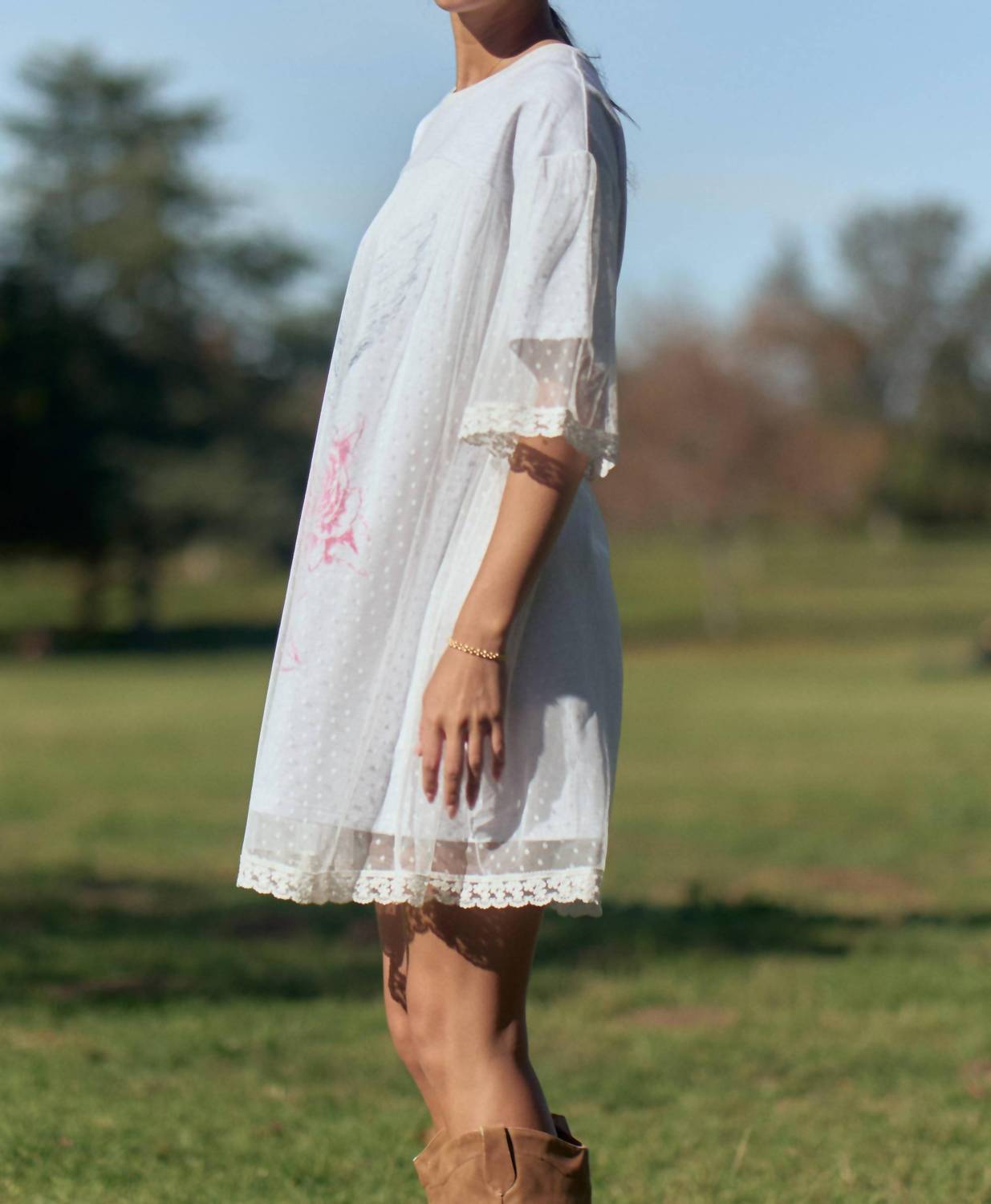 Davi & Dani - Angel Printed Dotted Mesh Layered Dress