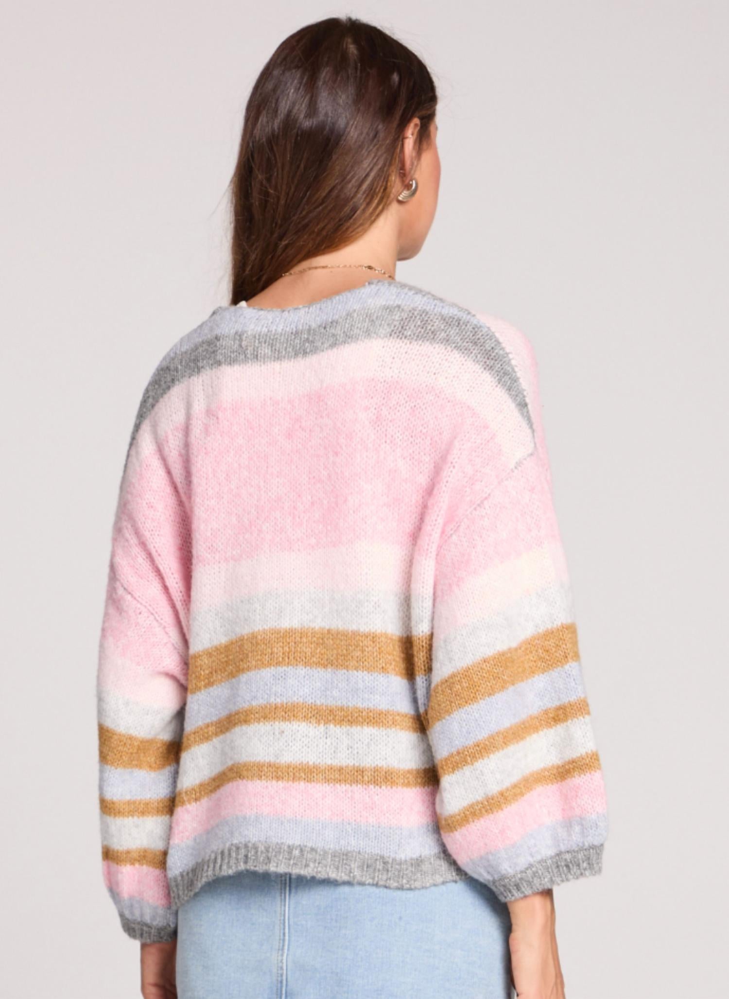 saltwater LUXE Kiah Striped Tie Cardigan in multi - women's cardigan - detail view