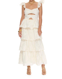 LENA Carly Ruffle Cutout Midi Dress in ivory - women's dress