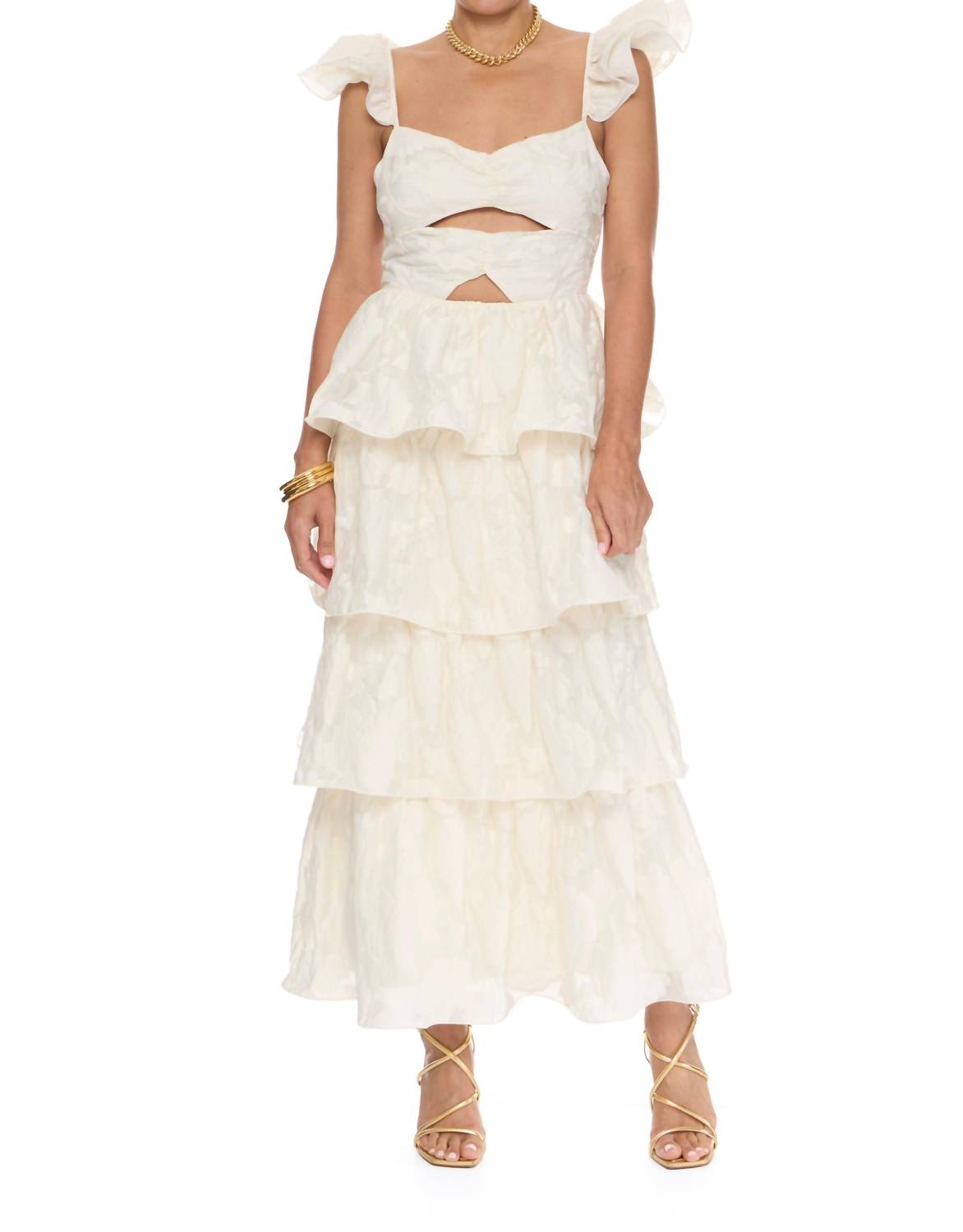LENA Carly Ruffle Cutout Midi Dress in ivory - women's dress