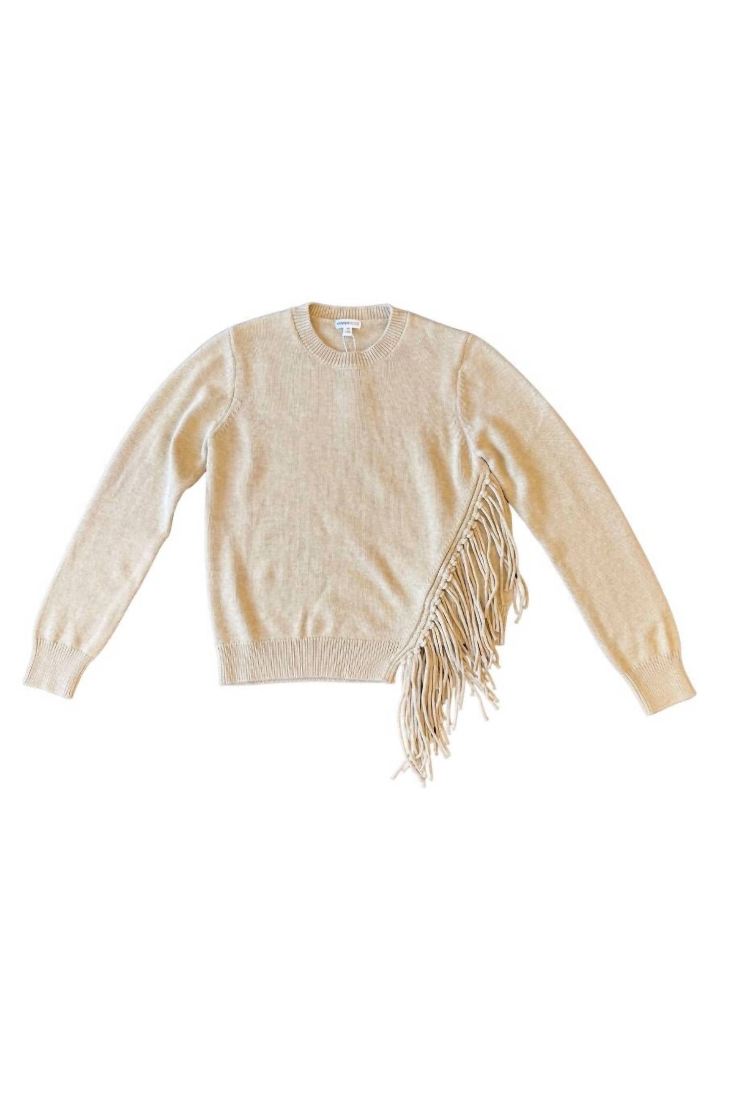 Minnie Rose Cotton Cashmere Fringe Trim Sweater in brown sugar - women's sweater - detail view