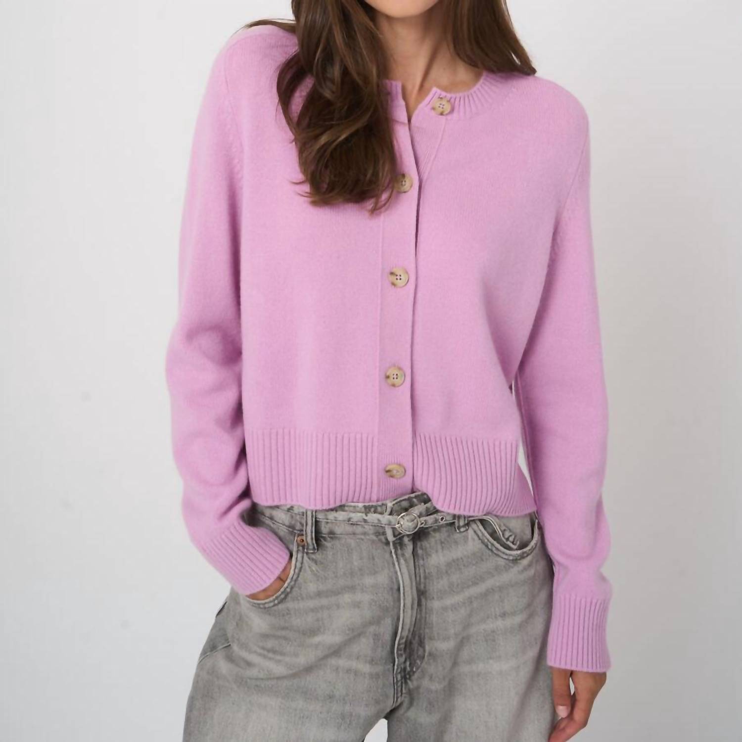REPEAT cashmere Cashmere Boxy Cardigan with Rib Trim in glow - women's cardigan