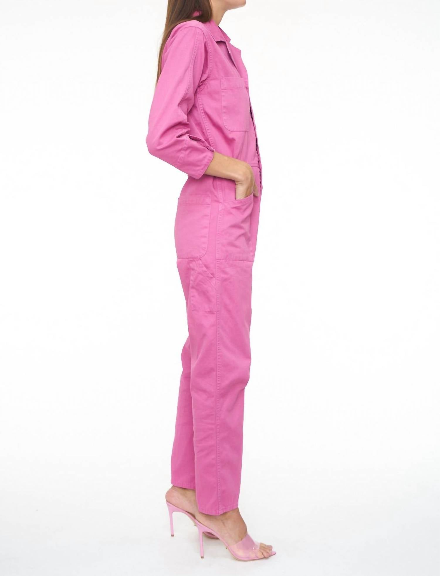 PISTOLA Tanner Long Sleeve Field Worker Jumpsuit in fuschia - women's pants - detail view