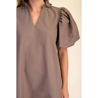 Style Usa - Ruffle V-Neck Puff Sleeve Dress