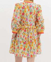 Entro - Floral Breeze Mini Dress with Ruffle Accents & Banded V-Neck Detail