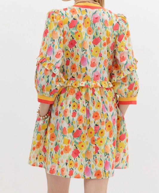 Entro - Floral Breeze Mini Dress with Ruffle Accents & Banded V-Neck Detail