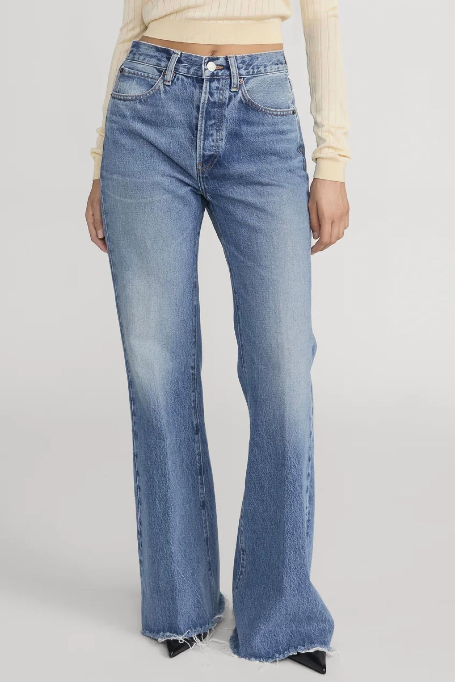 FRAME Lax Wide Leg Flare Jeans in numeral raw fray - women's jeans