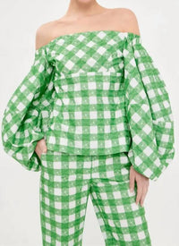 Rosie Assoulin - Empire Balloon Sleeve Picnic Embroidered Gingham Blouse