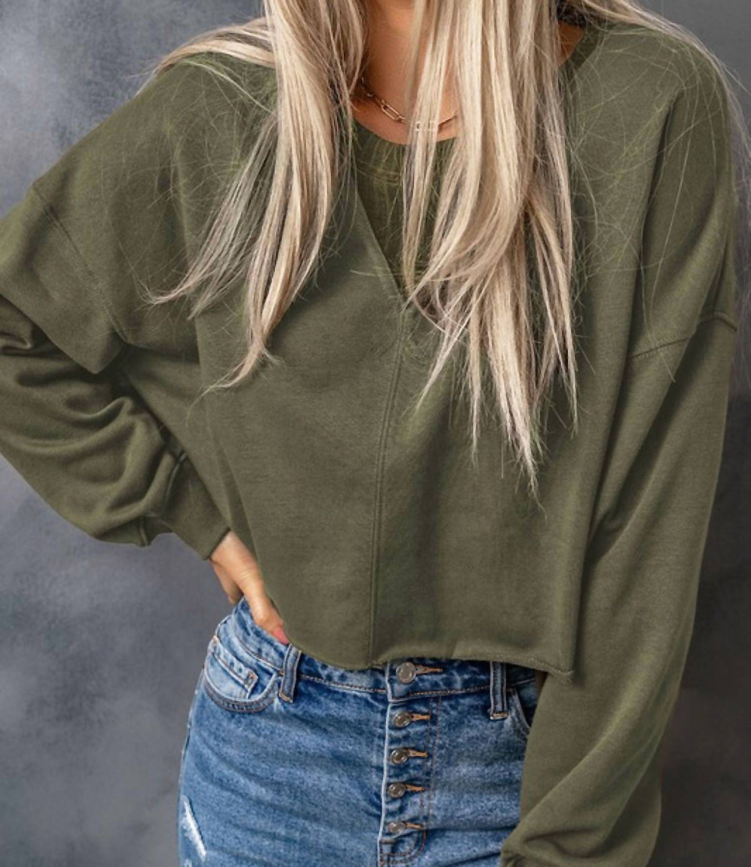 Shewin - Drop Shoulder Cropped Sweater