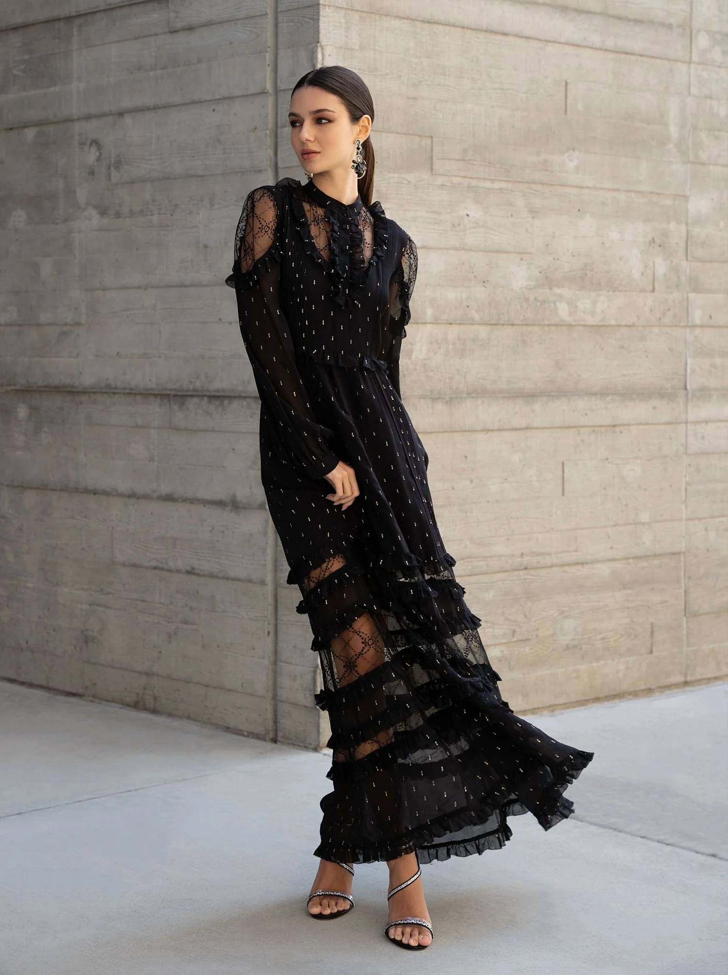 Solgo Atelier - Metallic Silk Ruffle Maxi Dress