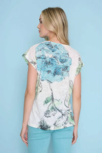 PICADILLY Lace Trim Print Top in lagoon multi - women's blouse - detail view