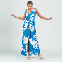 Clara Sun Woo Crushed Silk Knit Maxi Dress in blue cream print - women's dress