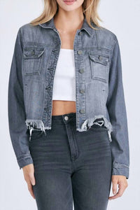 Hidden - Katy Cropped Distressed Jean Jacket