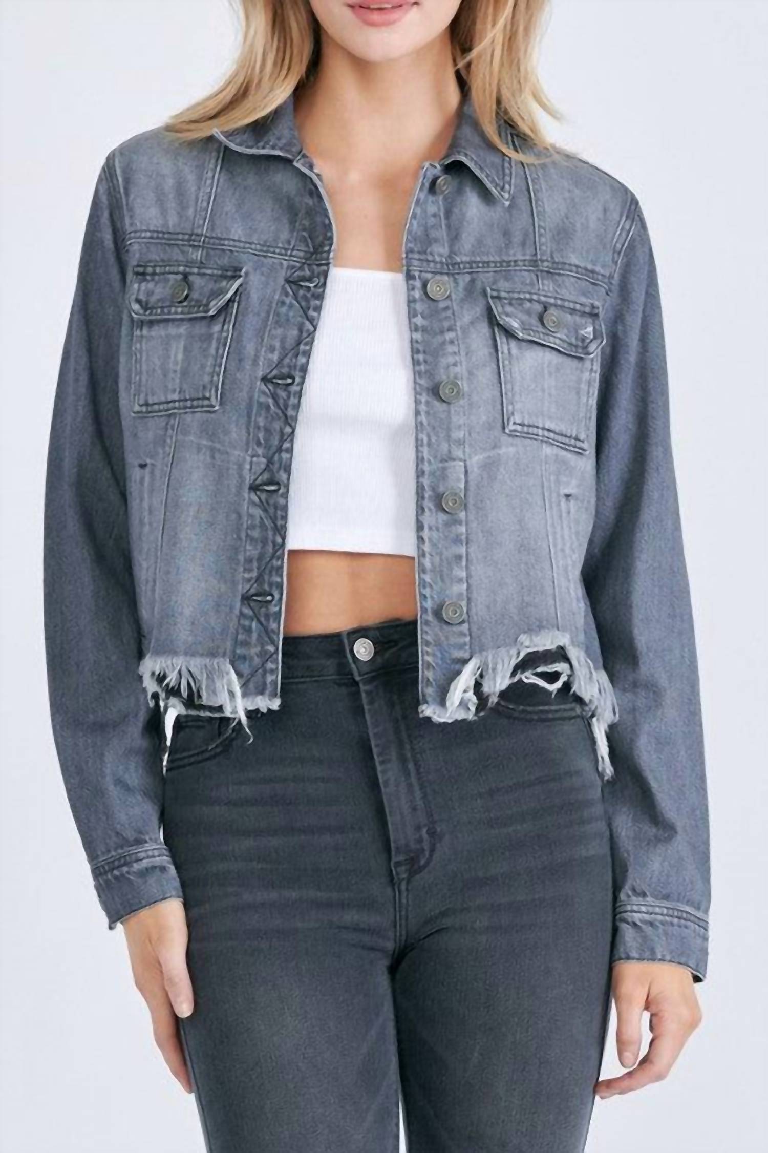 Hidden - Katy Cropped Distressed Jean Jacket