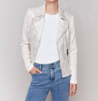 CHARLIE B Women's Foiled Vintage Fux Leather And Rib Knit Jacket in champagne - women's jacket