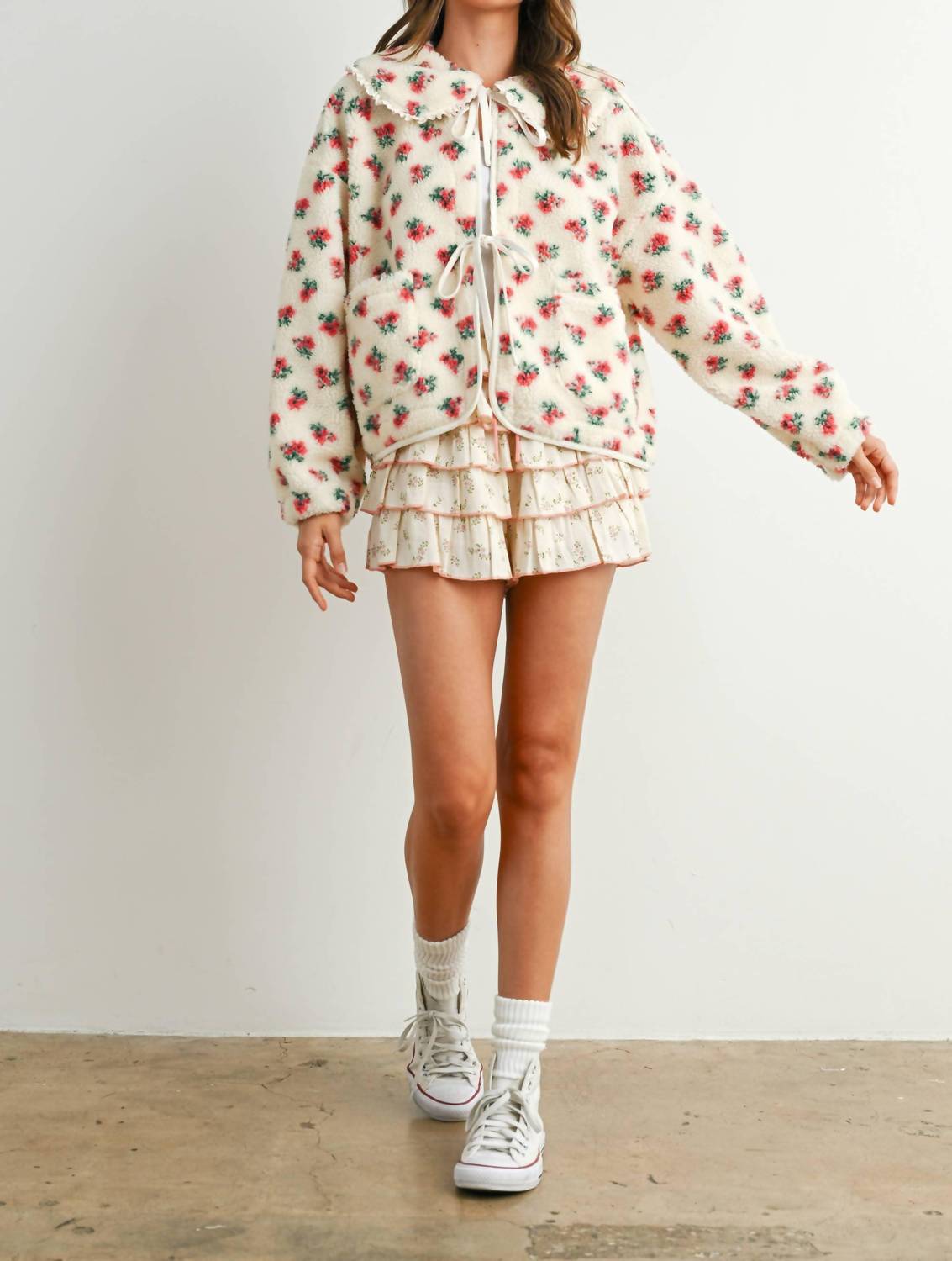 Buttermelon - Holland Floral Tie-front Fleece Jacket Coquette Peter Pan Collar Cardigan
