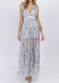Fanco - Baby Blue Floral Deep V-neck Flowing Maxi Dress