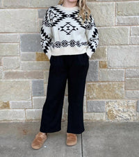 Lucky & Blessed Aztec Knitted Long Sleeve Sweater in black ivory - women's sweater
